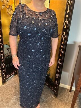 Adrianna Papell  Navy Maxi Evening Dress with Sequin Floral Accents